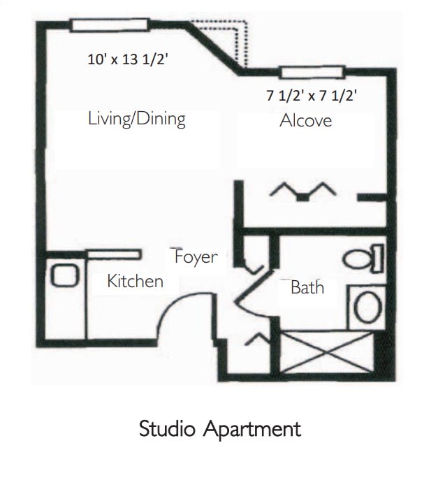 A floor plan of a studio apartment featuring living/dining area, kitchen, bath, and alcove.