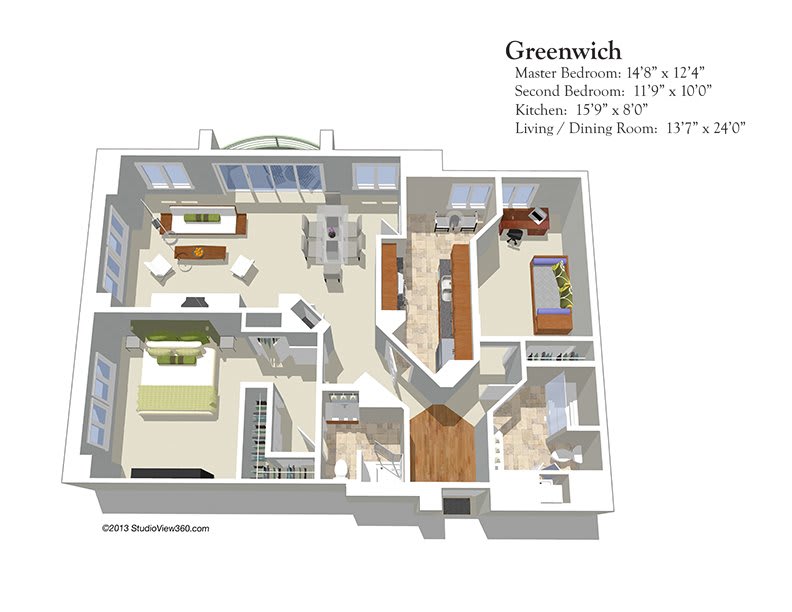 3D floor plan of the Greenwich apartment layout, showcasing room dimensions and design.