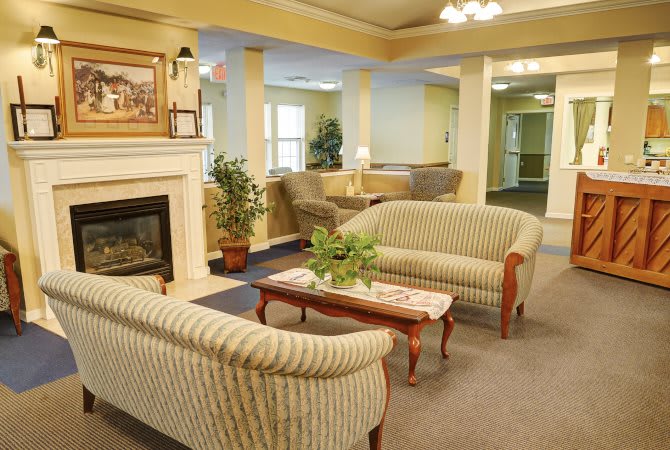 A cozy living room with sofas, a fireplace, and plants.