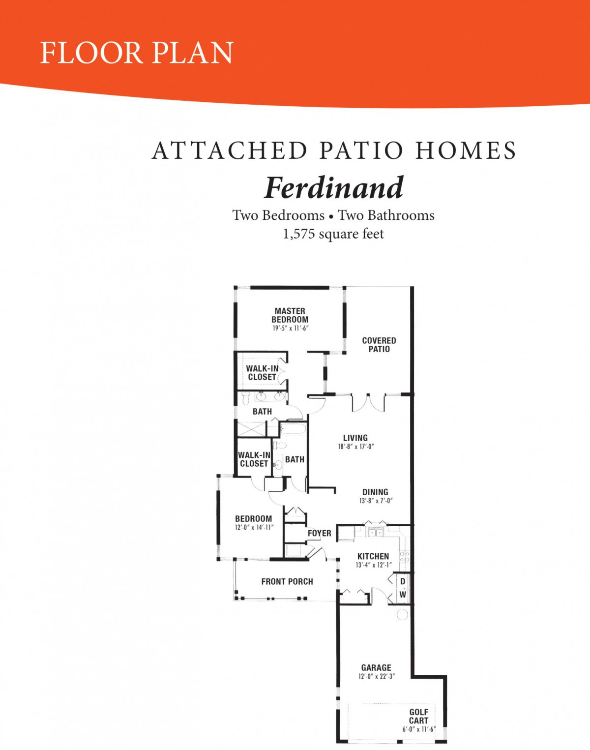 Floor plan for Ferdinand, an attached patio home with two bedrooms and two bathrooms, covering 1,575 square feet.
