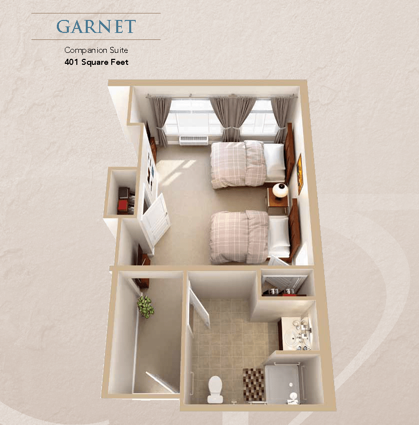 Top-down view of a Garnet apartment floor plan featuring a bedroom and bathroom.