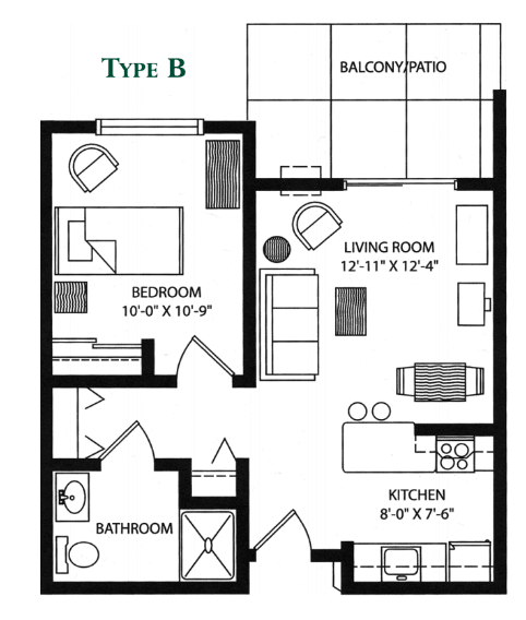 Type B apartment floor plan with one bedroom, living room, kitchen, bathroom, and balcony.