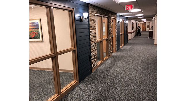A modern office hallway with windows and doors, featuring a carpeted floor and contemporary lighting.