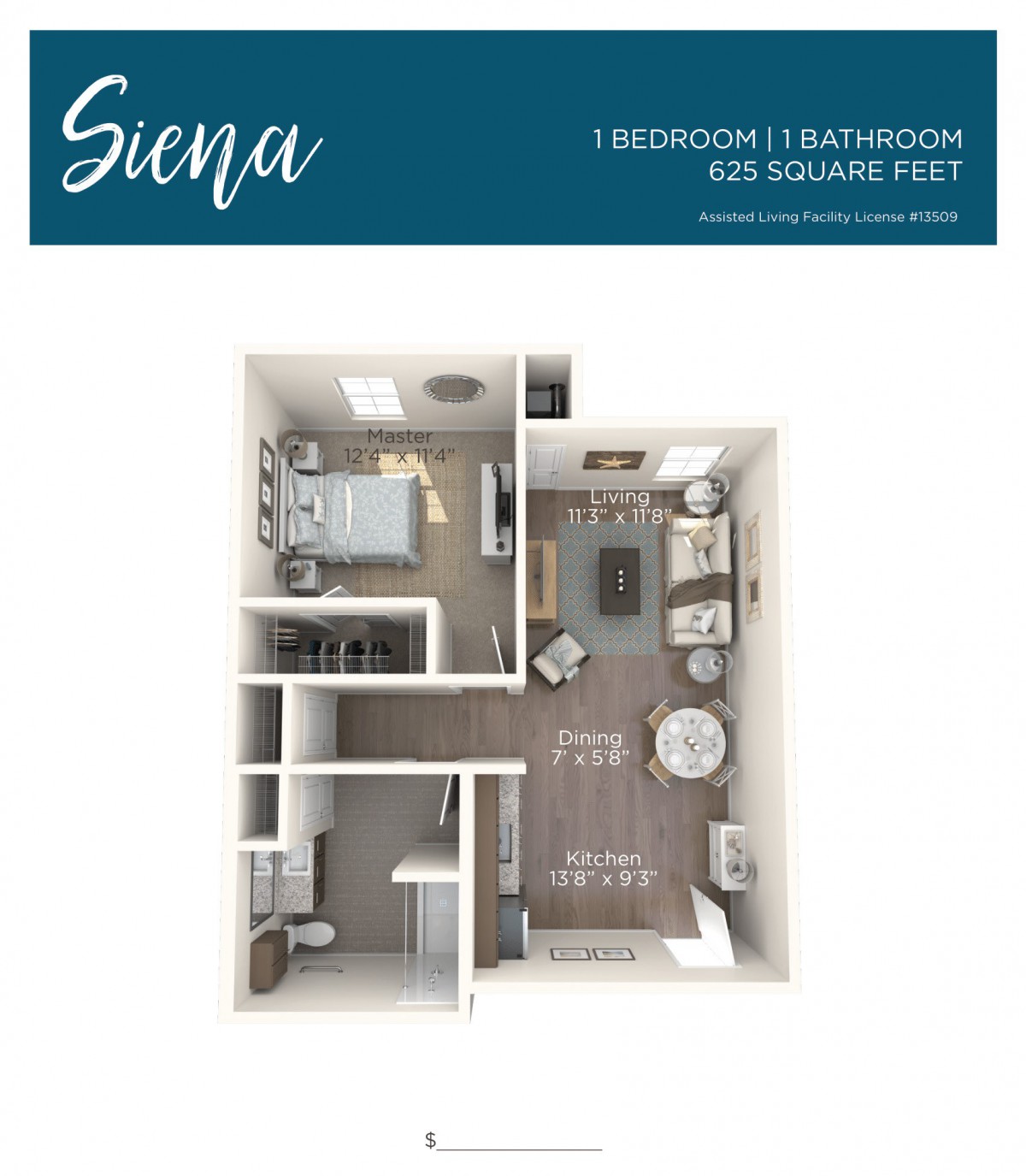 A 3D rendered floor plan of a one-bedroom, one-bathroom apartment layout named 'Siena'.