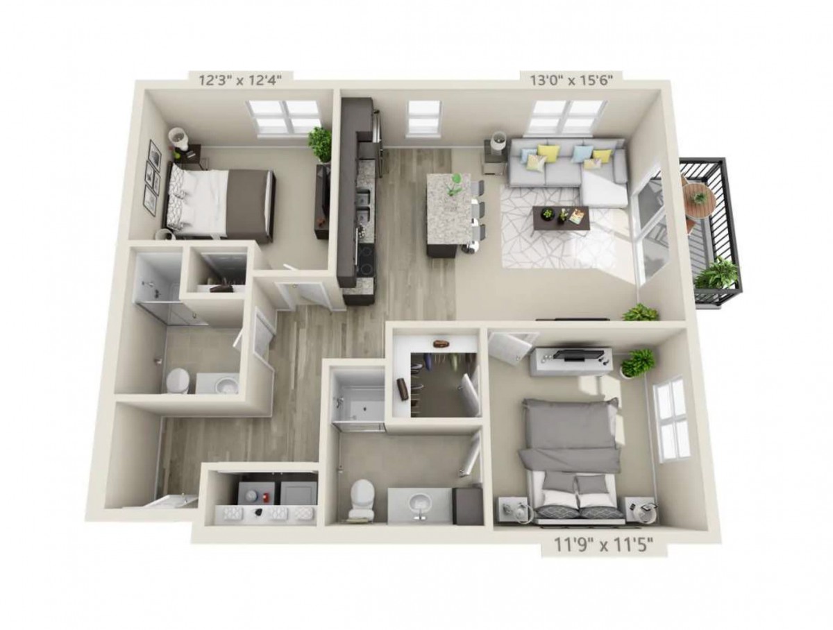 A 3D floor plan of a two-bedroom apartment featuring a living room, kitchen, bathroom, and balcony.