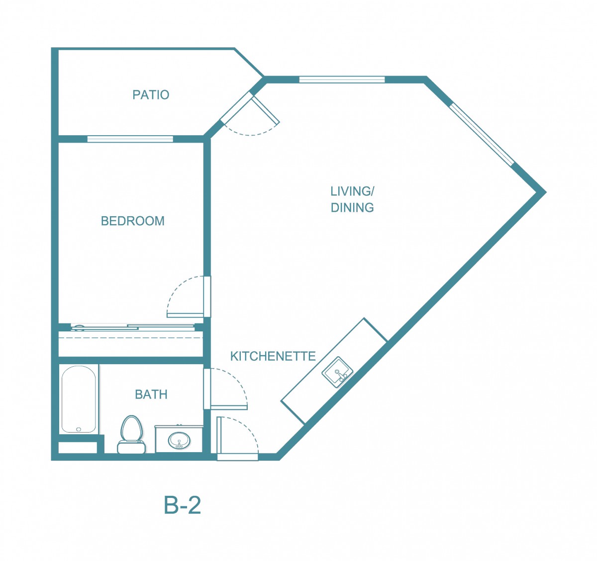 A floor plan of a one-bedroom apartment with a living/dining area, kitchen, bathroom, and patio.