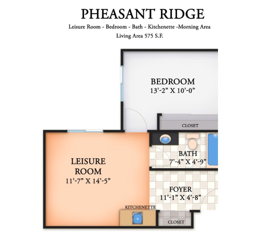 A floor plan layout for Pheasant Ridge, featuring a leisure room, bedroom, bath, and foyer.
