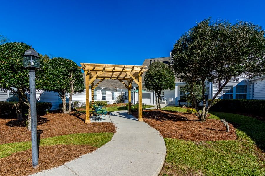 A beautiful residential pathway with a wooden pergola and well-maintained landscaping under a clear blue sky.