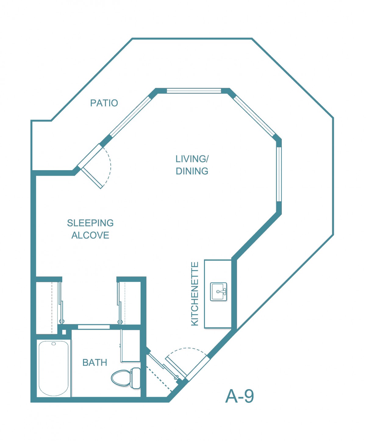 A floor plan of a studio apartment featuring a living/dining area, kitchen, bathroom, and sleeping alcove.