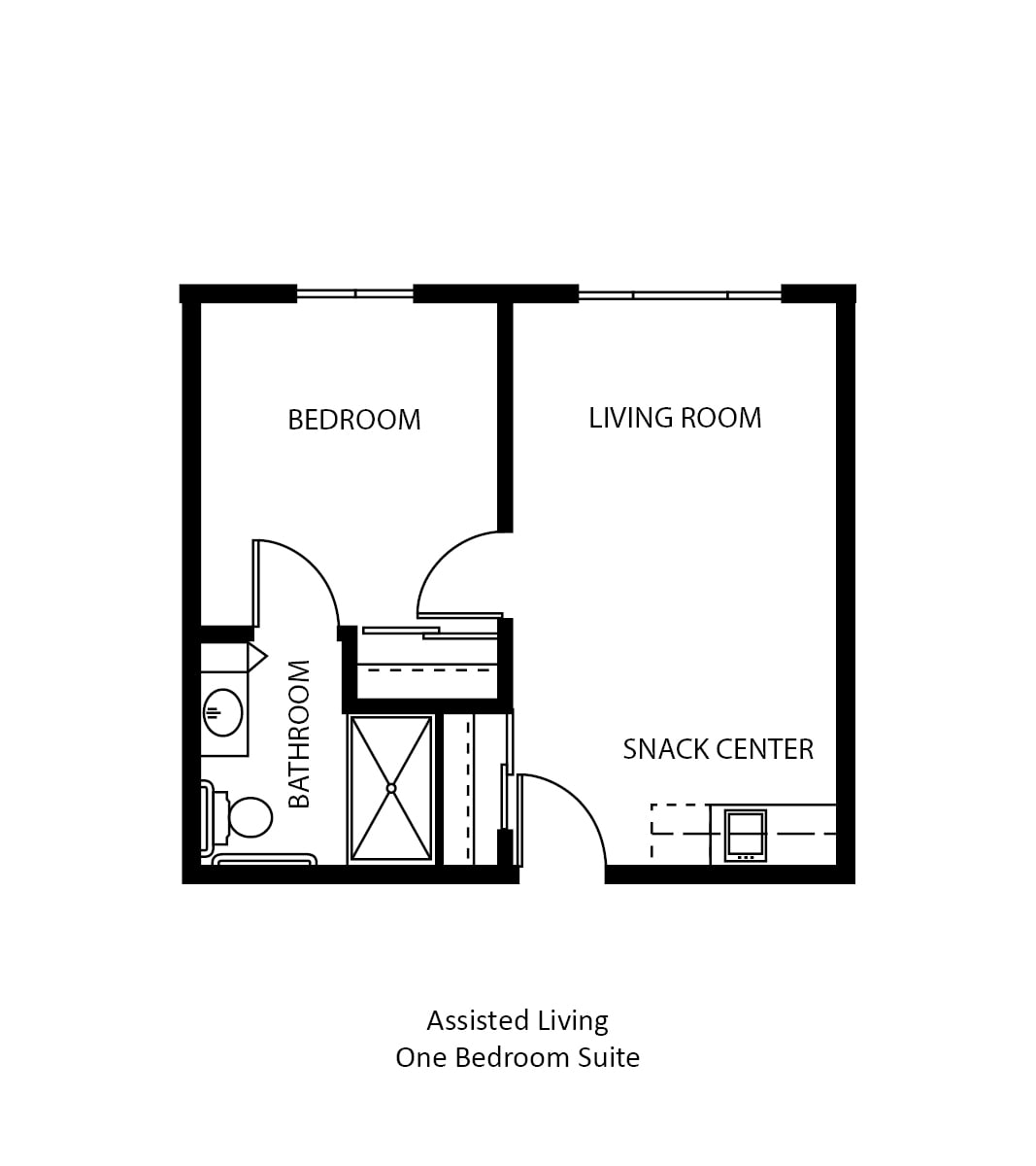 Floor plan of a one-bedroom assisted living suite with a living room, bedroom, bathroom, and snack center.