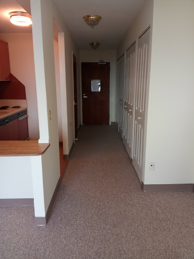 A view of a hallway in an apartment with a kitchen area visible on the left.