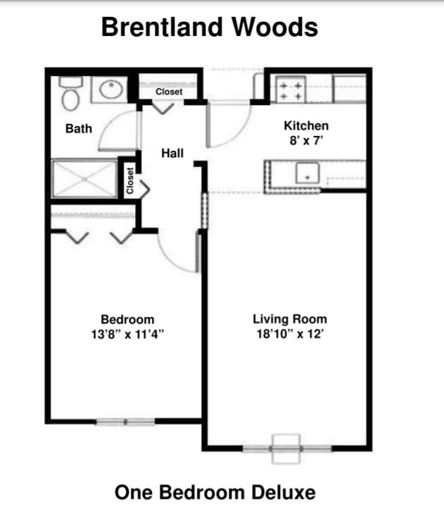 A floor plan of a one-bedroom apartment, featuring a kitchen, living room, and bathroom.