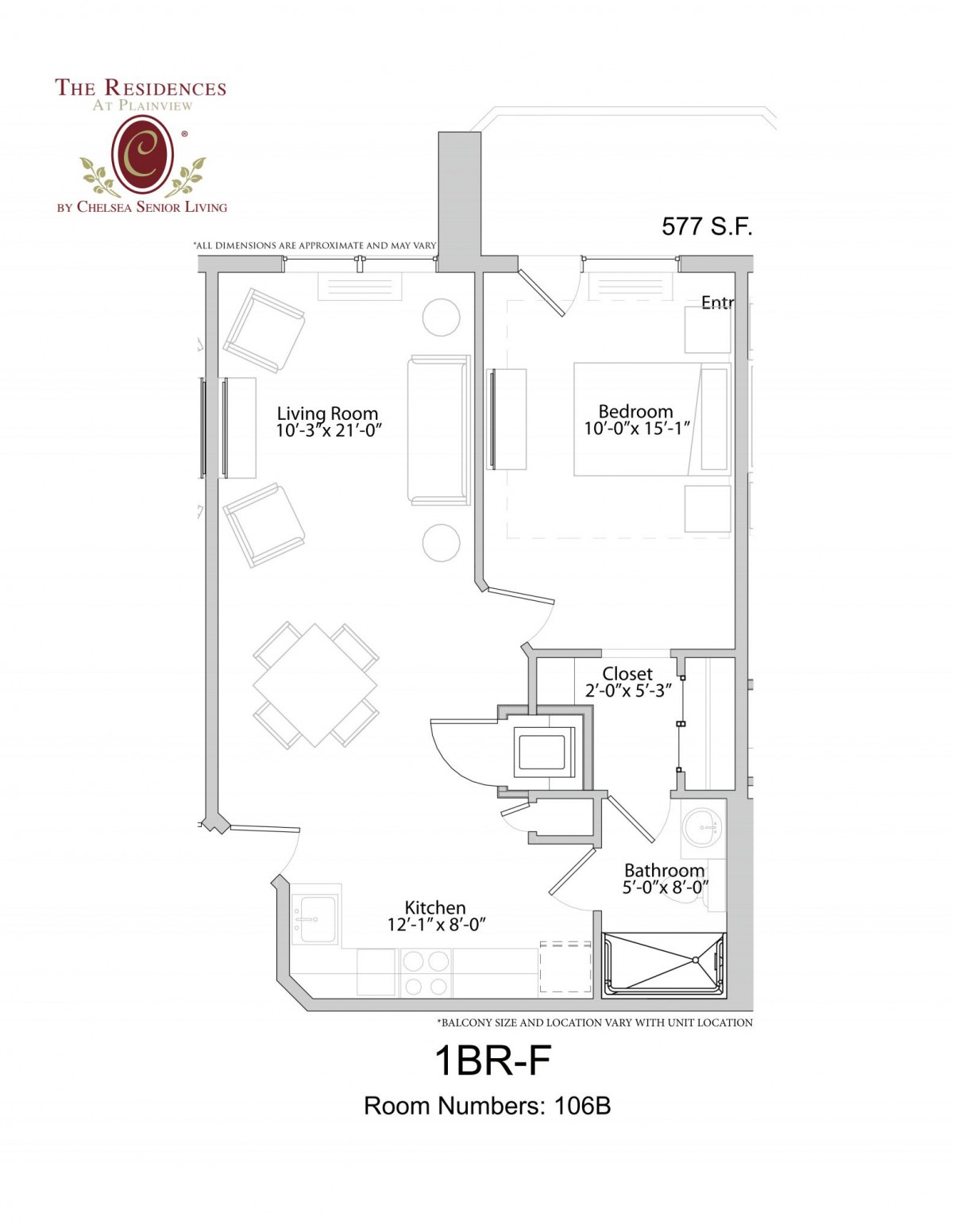 1-bedroom apartment floor plan with labeled areas.