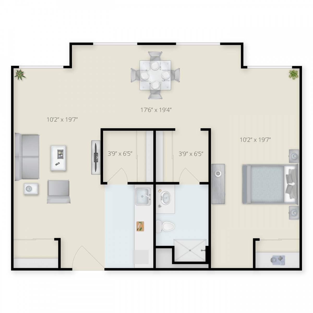 This image shows a detailed floor plan of a one-bedroom apartment featuring a living room, kitchen, and bathroom.