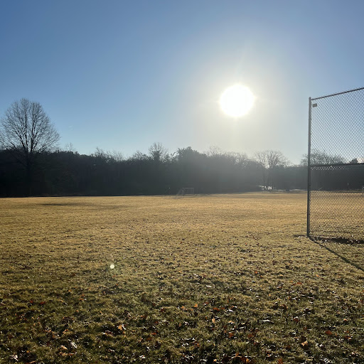 A serene soccer field basking in the sunlight on a clear winter morning.