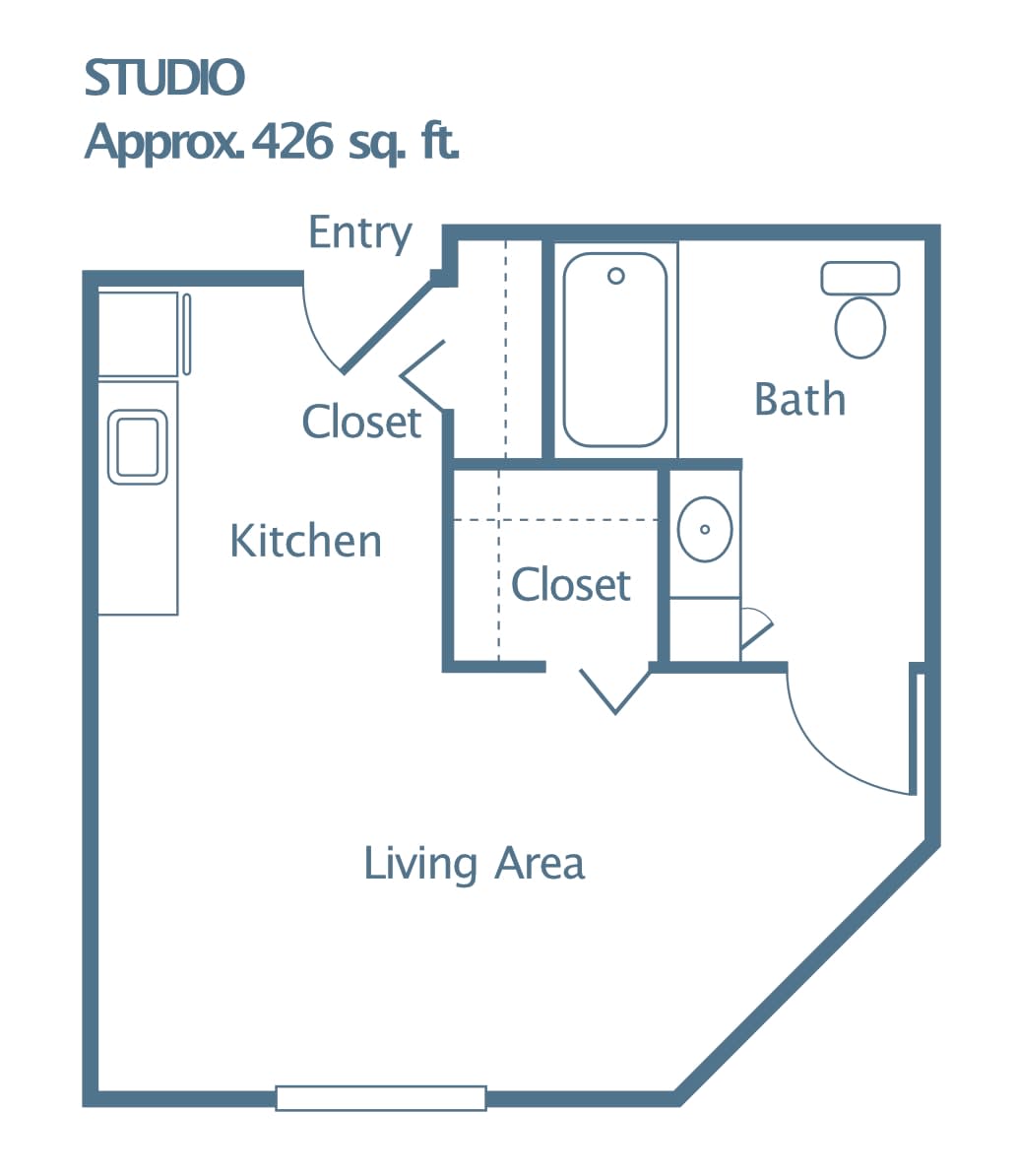 Studio apartment floor plan with approximately 426 square feet, featuring a kitchen, living area, bathroom, and closets.