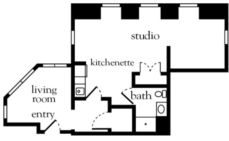 Floor plan of a studio apartment featuring a kitchenette and bathroom.