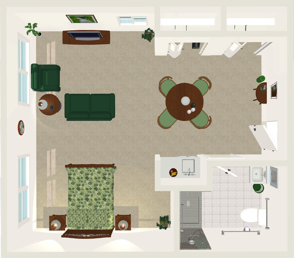This image showcases a detailed floor plan of a one-bedroom apartment with designated areas for living, dining, kitchen, and bathroom.