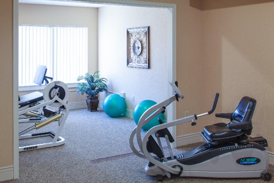 A cozy home gym with exercise equipment and fitness accessories.