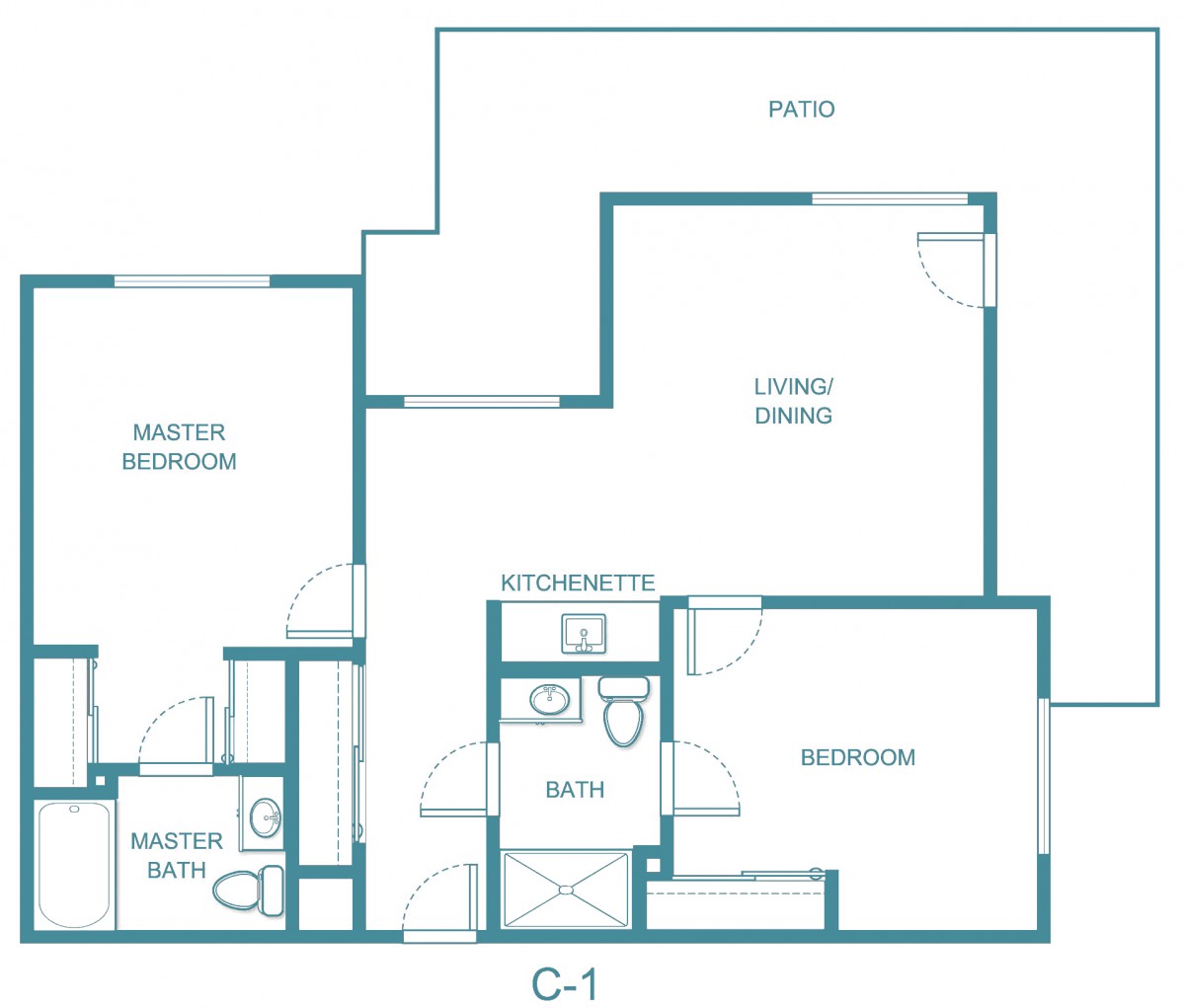 Blueprint of a two-bedroom apartment layout with living/dining area and patio.