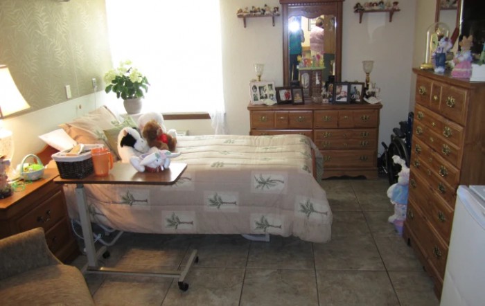 A cozy bedroom with a hospital bed, dresser, and decorative items.