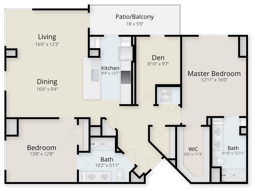 A detailed floor plan of a two-bedroom apartment with labeled rooms and dimensions.
