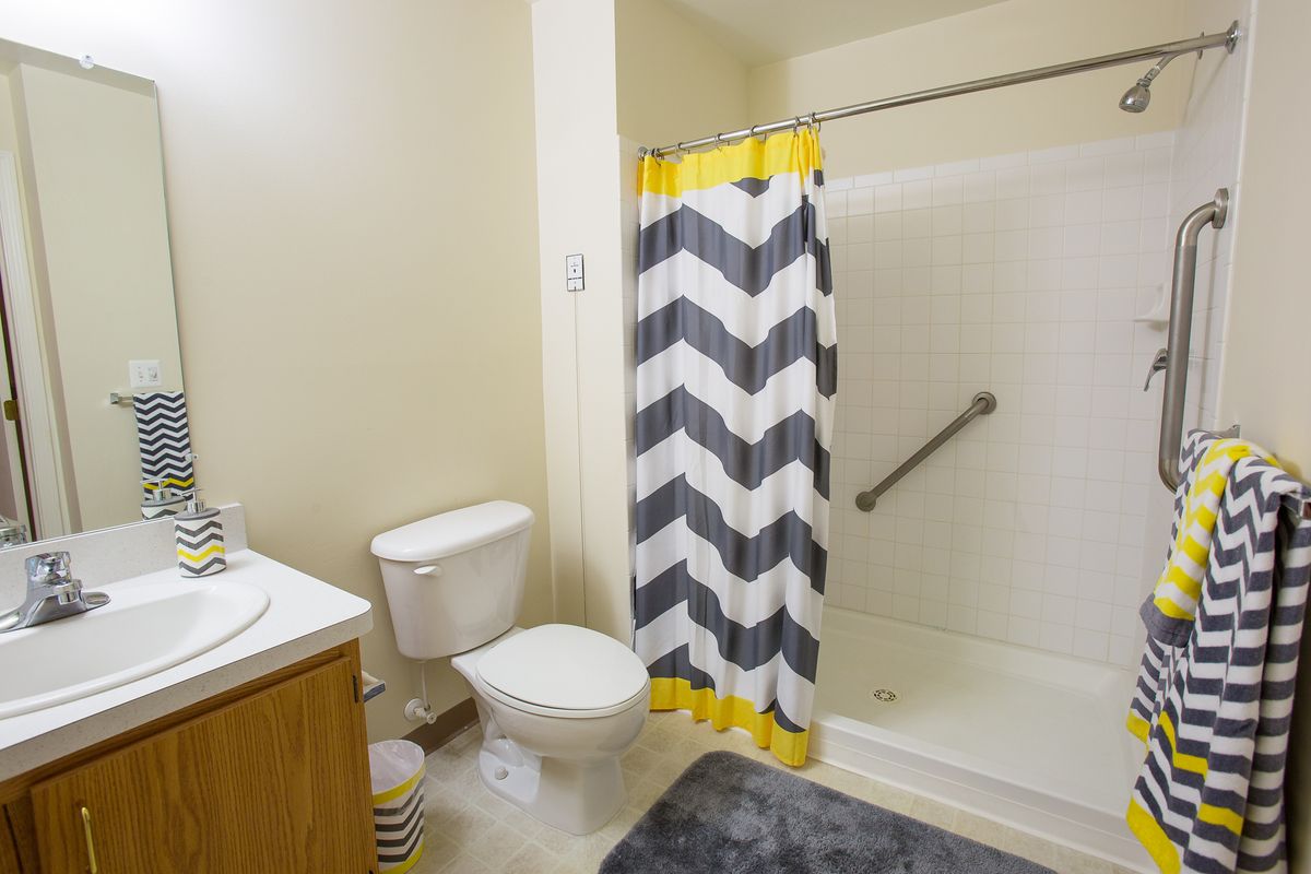 A modern bathroom featuring a chevron-patterned shower curtain and simple decor.