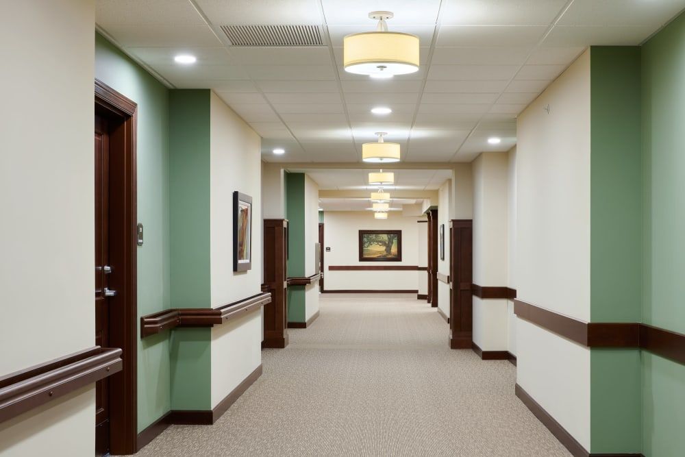 A quiet, well-lit hallway with carpeted floors and several doors.