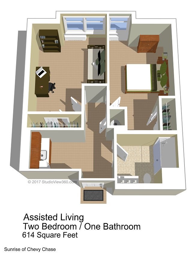 3D floor plan of an assisted living apartment with two bedrooms and one bathroom.