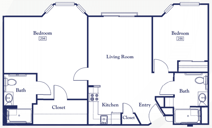 A floor plan layout featuring a living room, kitchen, entry, and closets.