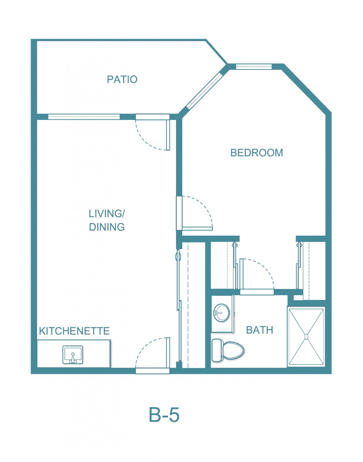 A one-bedroom apartment floor plan with a kitchenette, living/dining area, bathroom, and patio.