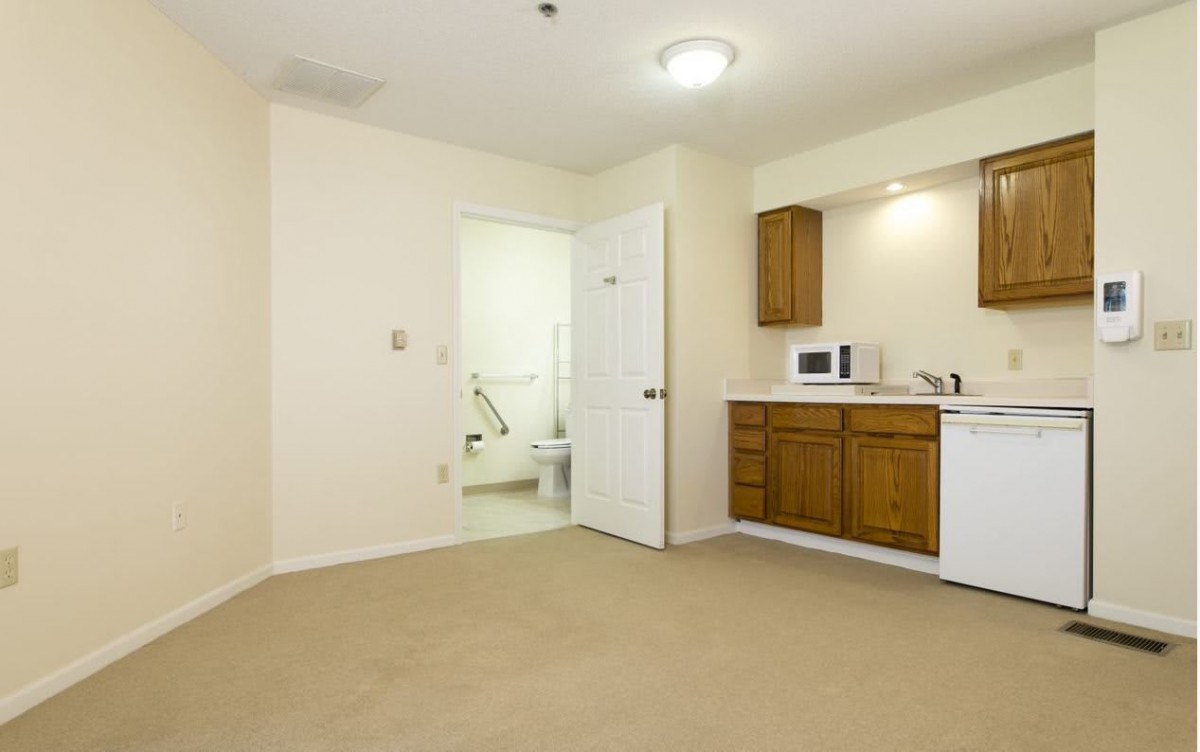 An apartment interior featuring a kitchenette with wooden cabinets and a nearby bathroom.