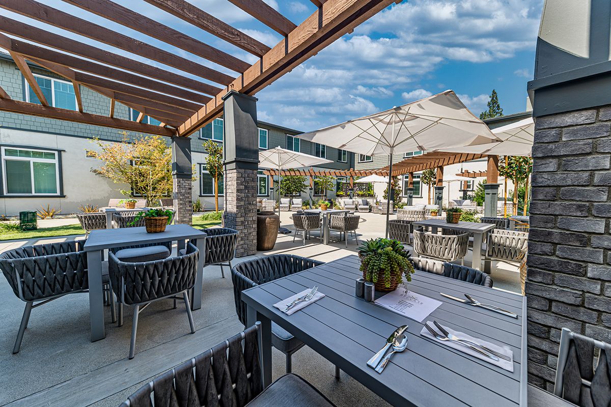 A sunlit restaurant patio with neatly arranged tables and chairs under a wooden pergola.