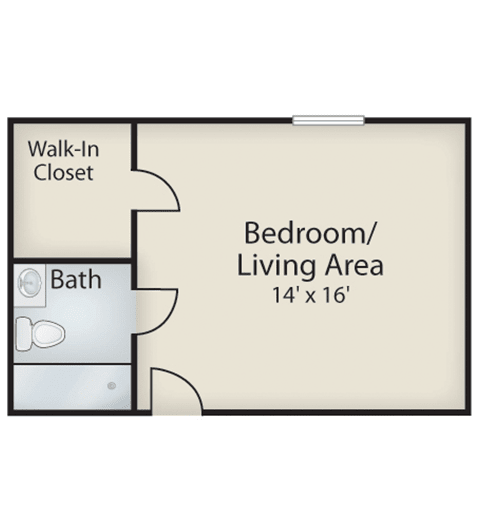 A studio apartment floor plan featuring a bedroom/living area, walk-in closet, and bathroom.