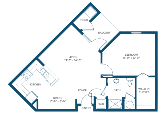 A floor plan of a one-bedroom apartment featuring a living room, kitchen, dining area, bathroom, and balcony.