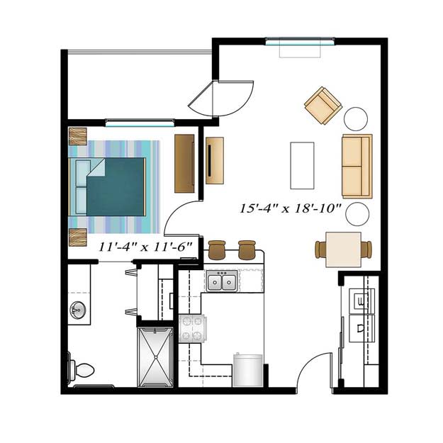 A one-bedroom apartment floor plan featuring a living room, kitchen, bathroom, and bedroom.