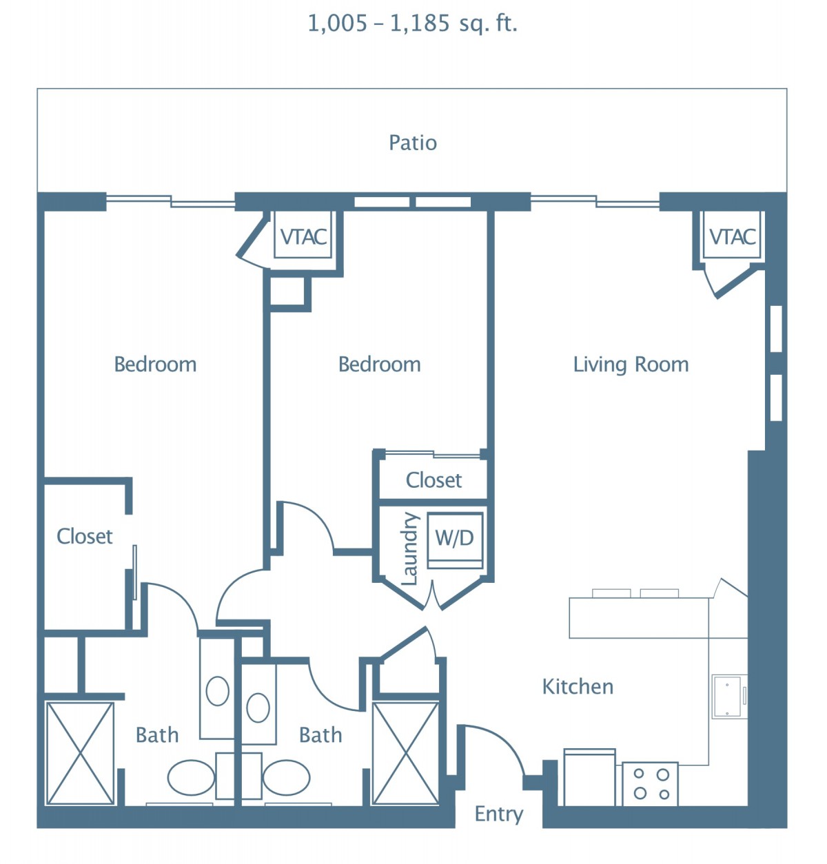 A two-bedroom apartment floor plan featuring a living room, kitchen, and bathroom.