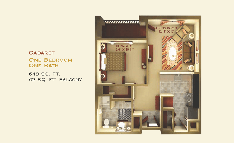A detailed floor plan of a one-bedroom, one-bathroom apartment featuring a balcony.