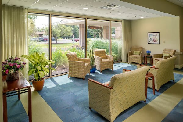 A well-lit waiting room with comfortable seating, large windows, and indoor plants.