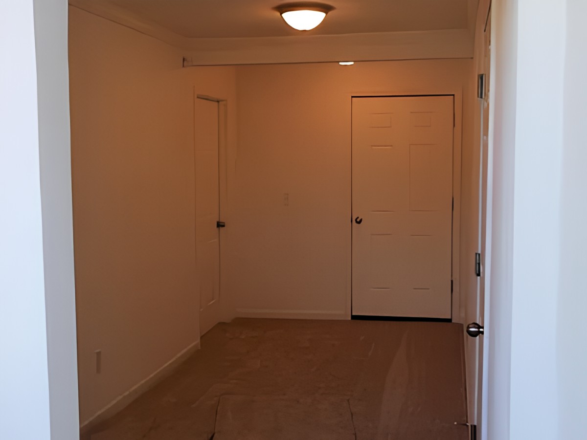 An empty interior room with two doors and a ceiling light.