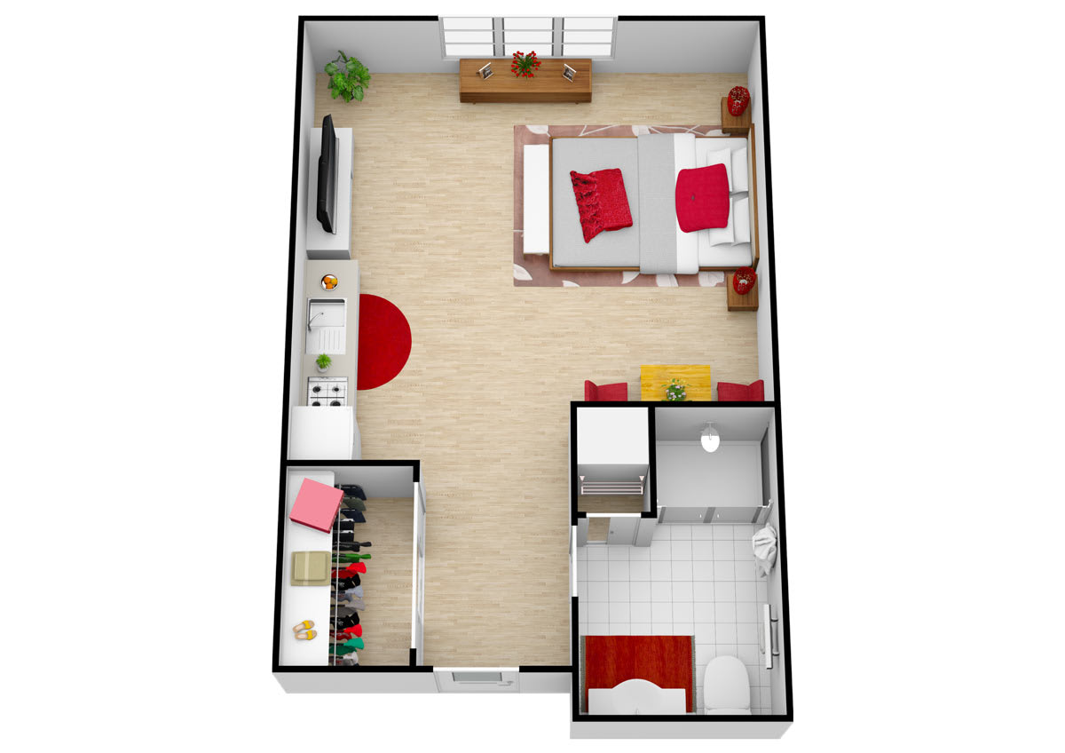 A 3D floor plan of a one-bedroom apartment featuring a living area, kitchen, bathroom, and bedroom.