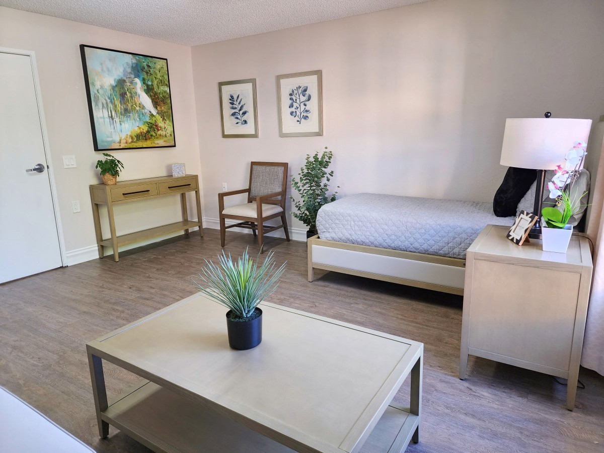 A modern and minimalist living room with a daybed, artwork, and decorative plants.