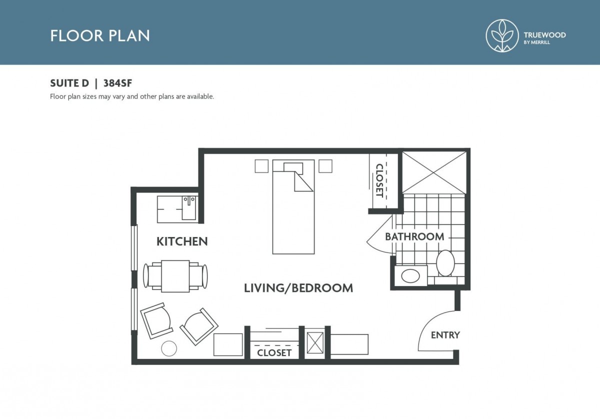 A floor plan of a studio apartment featuring a combined living and bedroom area, kitchen, bathroom, closet space, and entryway.