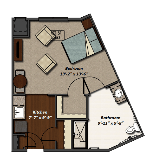 A compact floor plan featuring a bedroom, bathroom, and kitchen area.
