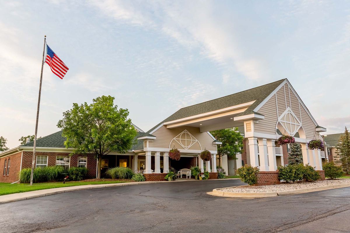 A hospital entrance with a flag flying nearby, surrounded by greenery.