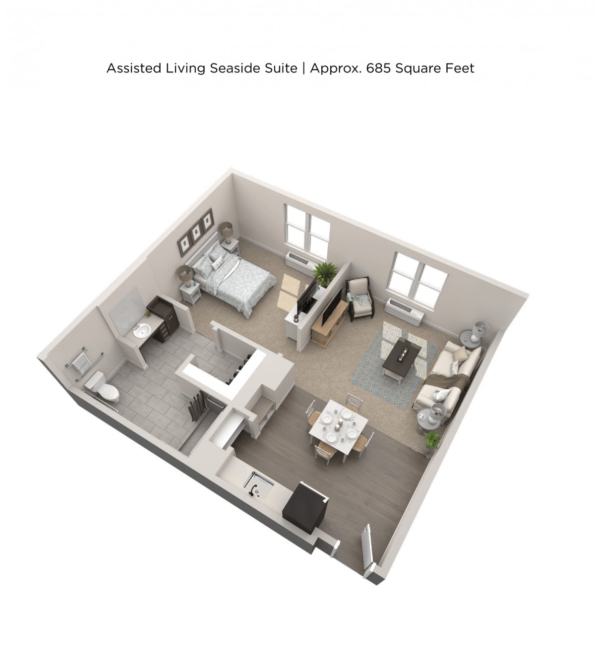 3D floor plan of a one-bedroom apartment with an open living area and kitchen.