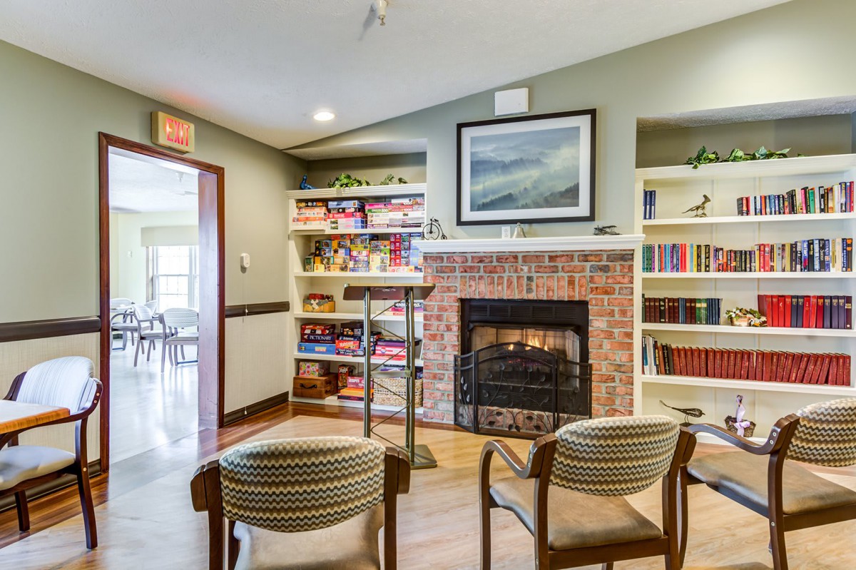 A cozy living room with a fireplace, surrounded by bookshelves and comfortable seating.