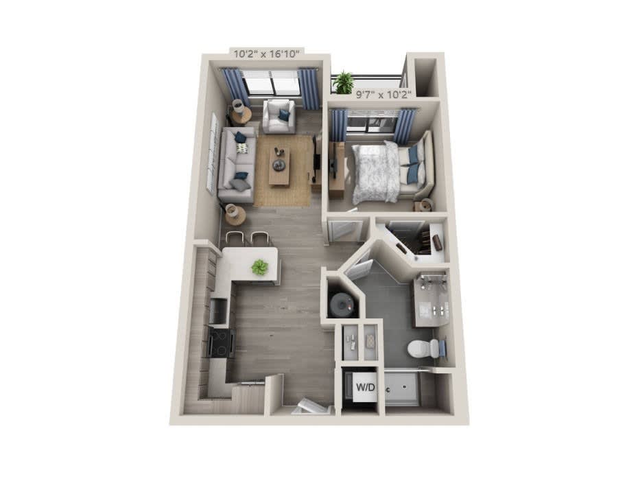 3D floor plan of a one-bedroom apartment with a living room, kitchen, and bathroom.