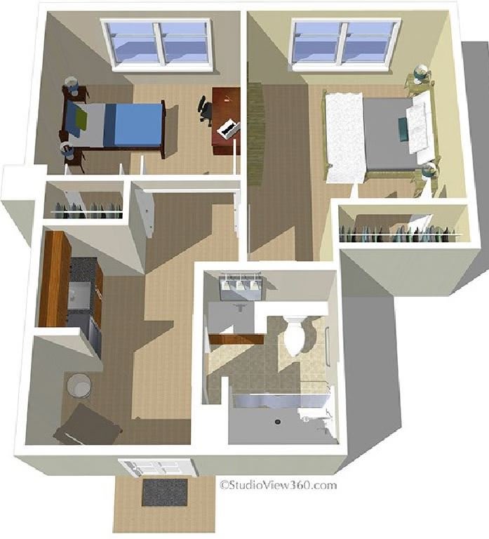 A 3D rendered floor plan of a two-bedroom apartment with a bathroom and living area.