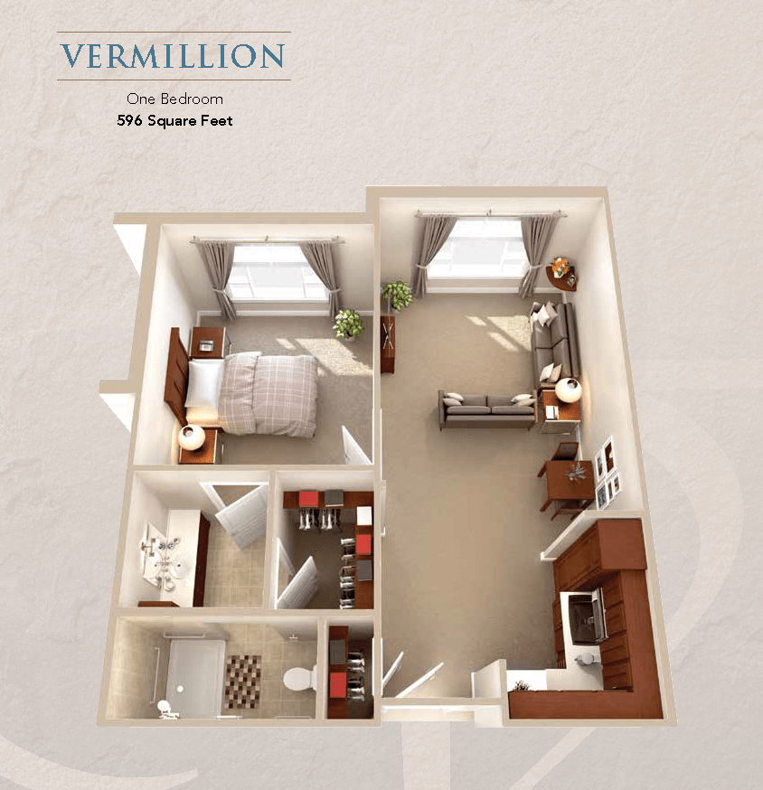 One-bedroom apartment floor plan featuring a cozy living area, kitchen, and bathroom.